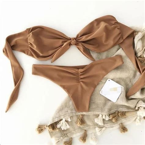 Ribbed Tie Front Bandeau Bikini Set Artofit
