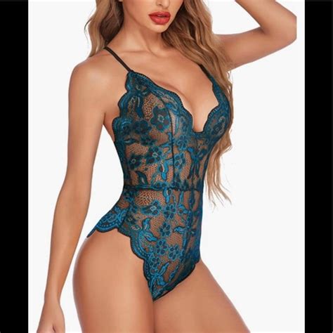 Amazon Tops Avid Love Lace One Piece Deep V Lingerie Bodysuit Large Black Blue Poshmark