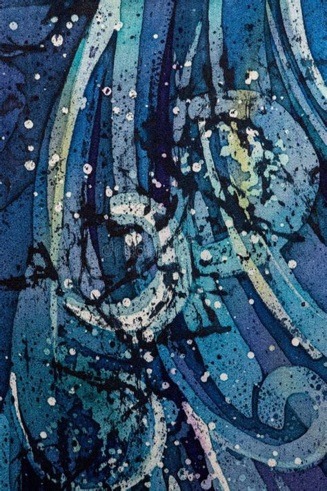 Waves Curly Turquoise Hot Batik Background Texture Handmade On Silk Stock Illustration