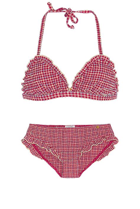 Fwrd Renew Chanel Gingham Check Coco Bikini Set In Red Fwrd