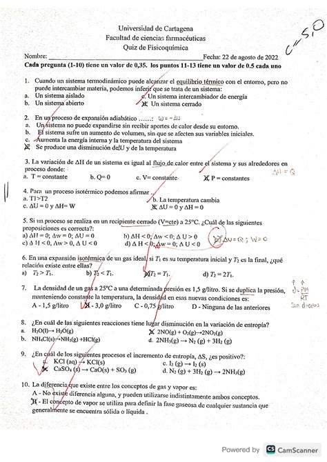 Solution Quiz Fisicoqu Mica Procesos Termodin Micos Entrop A Y Gases