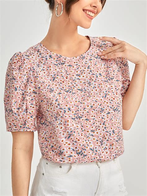 Ditsy Floral Puff Sleeve Top Frauen Outfits Tuch Damenblusen