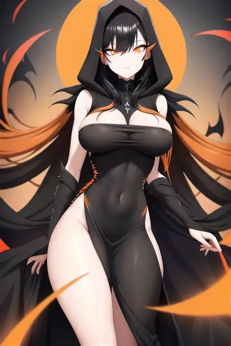 Dopamine Girl Best Quality Naked Black Hair Orange Hair Tips Orange Eyes Black Sclera
