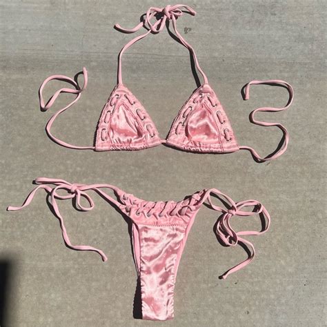 With Jean Swim With Jean Juni Bikini In Baby Pink W Polka Dots Pattern And Grommet Detailing