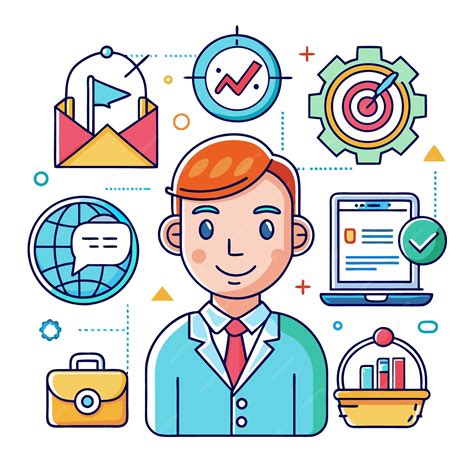 Businessman character with icons of success strategy and achievement
