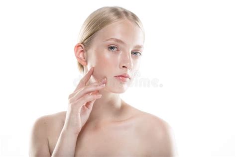 Pure Skin For Cosmetic Products Woman Model Blonde Hair Girl Portrait With Hands Isolated On