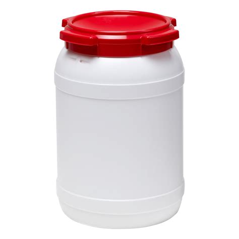 5 3 Gallon White UN Rated HDPE Wide Mouth Drum With Red Lid Stackable