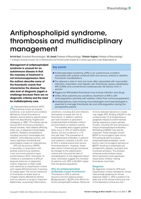 Pdf Antiphospholipid Syndrome Thrombosis And Multidisciplinary