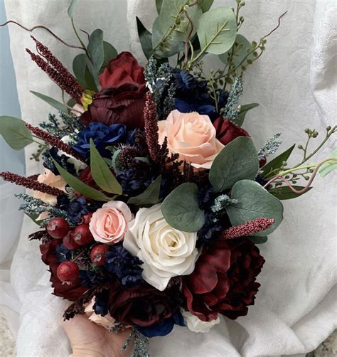 Cascading Wedding Bouquet Burgundy Navy Blue Red Peony Eucalyptus