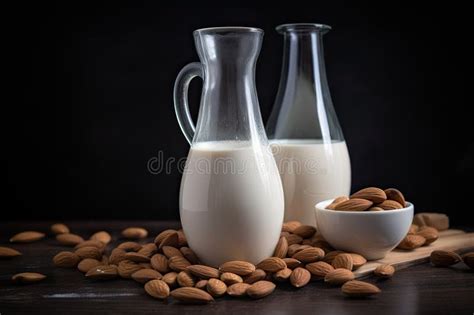 Organic Natural Almond Milk In A Jug And With Nuts On The Table Stock