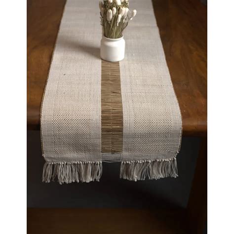 Gream And Golden Self Design Handmade Madhurkatti Table Runner Size