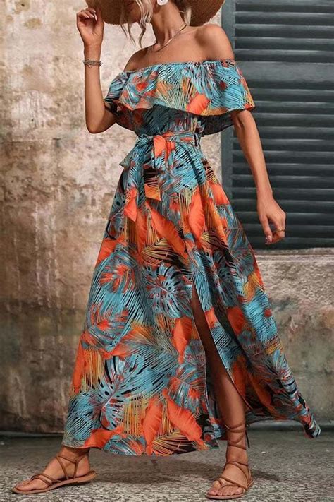 Us 30 49 Sexy Vacation Floral Frenulum Slit Off The Shoulder Printed Dress Dresses