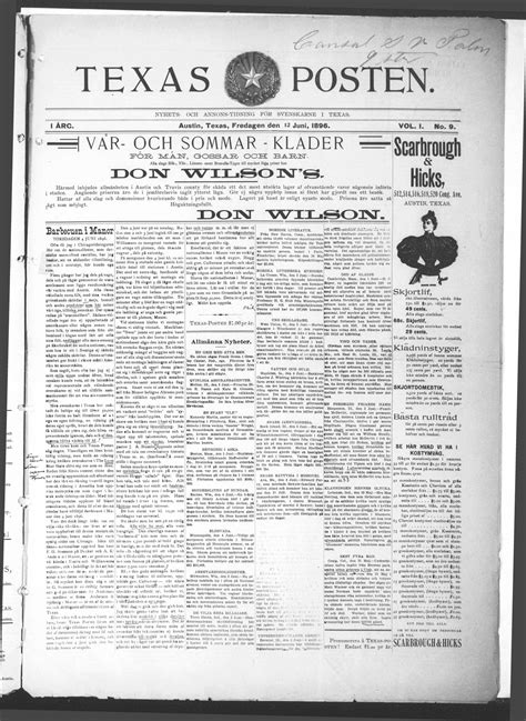 Texas Posten (Austin, Tex.), Vol. 1, No. 9, Ed. 1 Friday, June 12, 1896 ...