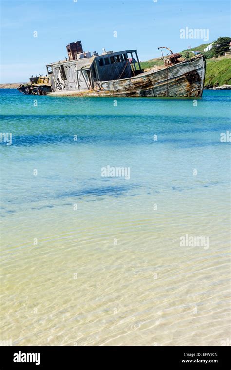 Abandoned Old Wooden Minesweeper At New Island In The Falklands Stock
