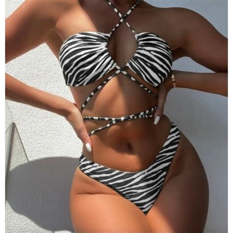 Strój kąpielowy bikini wiązany bandeau zebra L