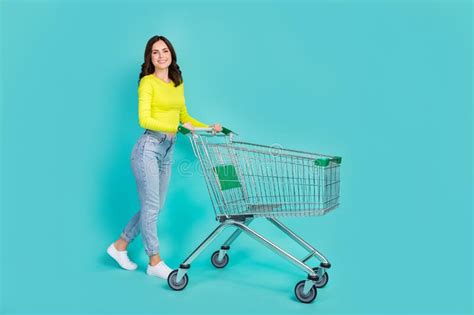 Full Size Photo Of Nice Brunette Hair Millennial Lady Go With Trolley