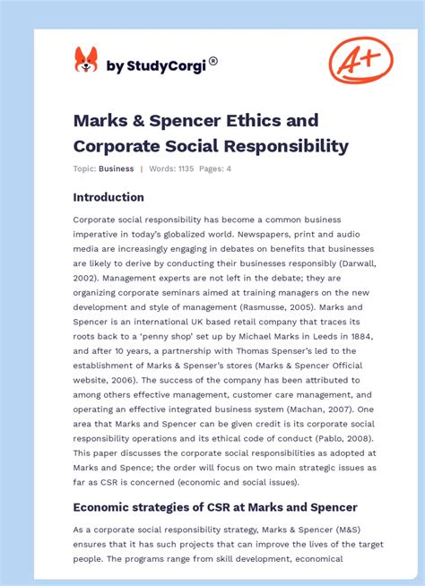 Marks And Spencer Ethics And Corporate Social Responsibility Free Essay