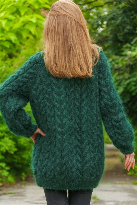 Supertanya Green Mohair Sweater Unique Cable Knit Pullover Ready to