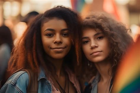 Premium AI Image Portrait Of Happy Lesbian Couple Smiling Holding Rainbow Flags On Pride Event