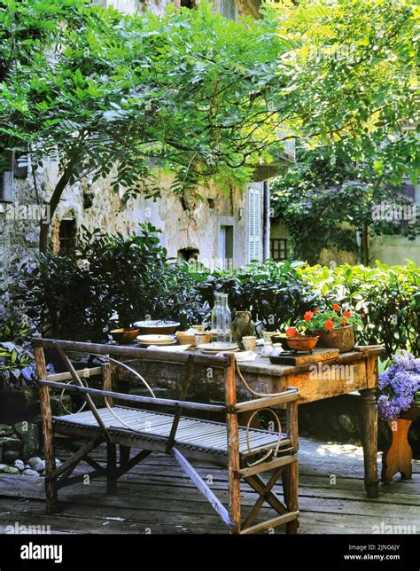 Rustic Outdoor Tables Stock Photo Alamy