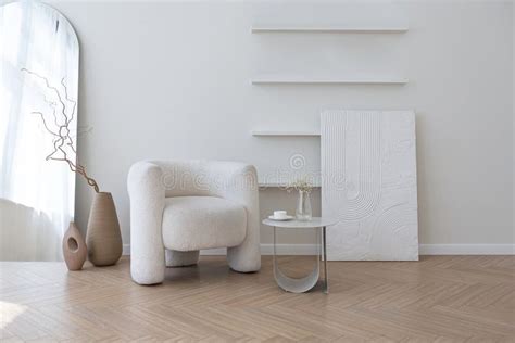 Super White Simple Clean And Stylish Interior With Modern Furniture In Nude Color And