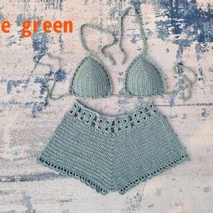 Women S Piece Set Bikini Hand Crochet Summer Beach Woven Top And Hot Pants Etsy
