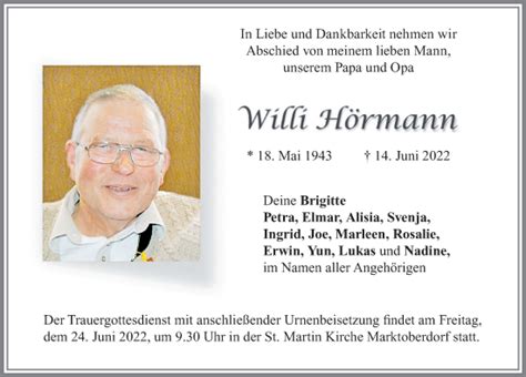 Traueranzeigen von Willi Hörmann Allgäuer Zeitung