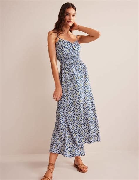 Twist Front Jersey Midi Dress Blue Heron Flora Tile Boden EU