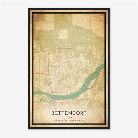 Vintage Bettendorf Iowa Map Poster, Modern Home Decor Wall Art Print