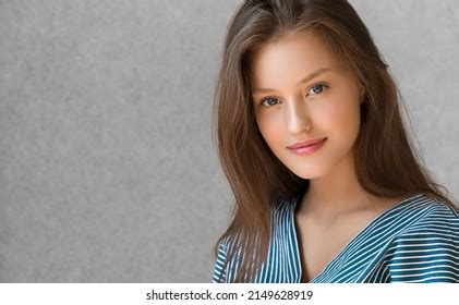 Beautiful Brunette Blue Striped Shirt Natural Stock Photo 2149628919 Shutterstock