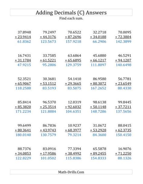 Adding Decimal Ten Thousandths With 2 Digits Before The Decimal Range 10 0001 To 99 9999 C