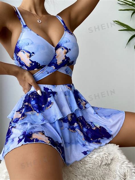 Shein Swim Summer Beach Marble Print Bikini Set Wrap Double Strap Cami