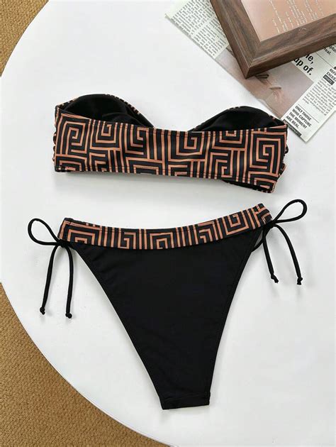 Spring Break Women Boho Random Print Patchwork Bandeau Bra And Side Tie Bikini Bottom Swimsuit