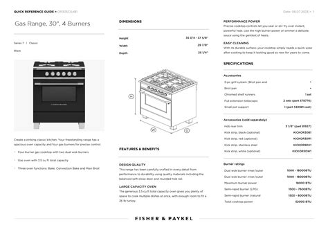 Fisher Paykel Gas Range OR30SCG4B1 Quick Reference Guide