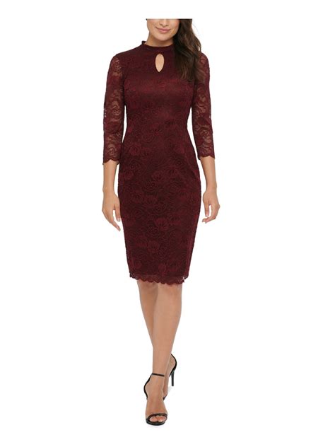 Kensie Dresses Womens Burgundy Zippered Lace Cut Out Keyhole Sheer