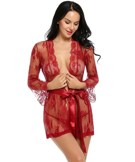 Women S Lace Kimono Sexy Nightgown Transparent Mesh Lingerie Dark Red Cv Qulotk