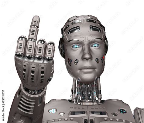 3D Render Of Futuristic Robot Man Showing Fuck You Gesture Isolated On White Background