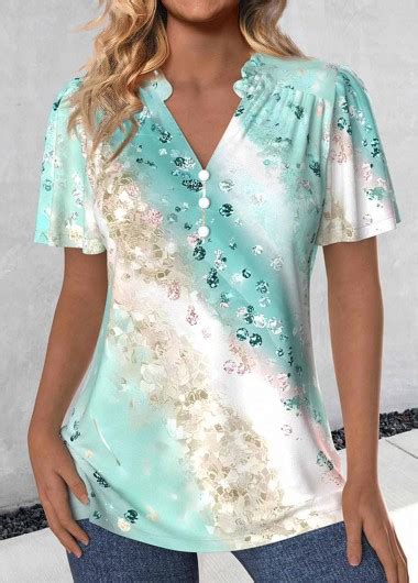 Rotita Ruched Ombre Mint Green V Neck Short Sleeve Blouse Rotita