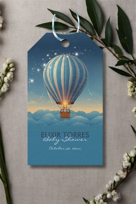 Blue Hot Air Balloon Adventure Awaits Baby Shower Gift Tags Zazzle Adventure Awaits Baby