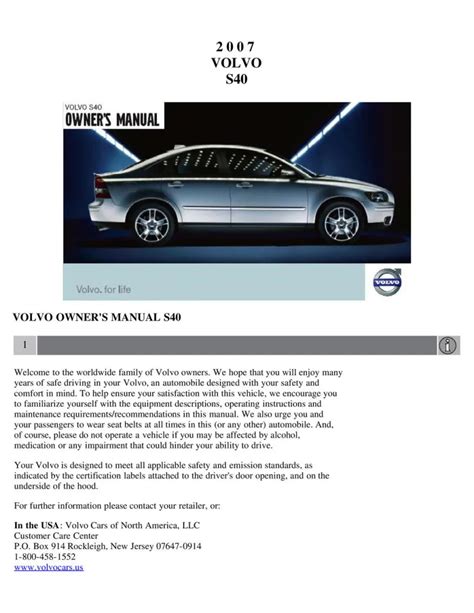 2007 Volvo S40 Owners Manual Free Pdf