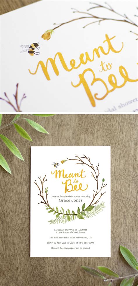 Meant To Bee Bridal Shower Invitation Printable With Greenery Wreath And Yellow Calligraphy