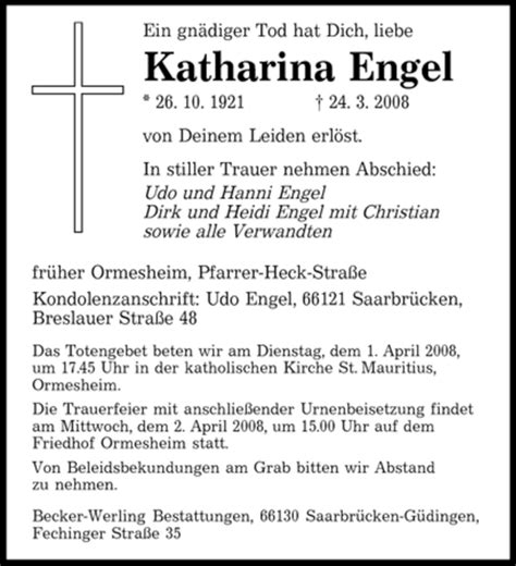 Traueranzeigen Von Katharina Engel Saarbruecker Zeitung Trauer De