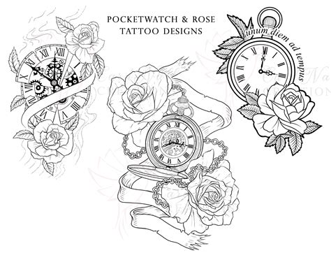 Sketch Rose And Clock Tattoo Stencil
