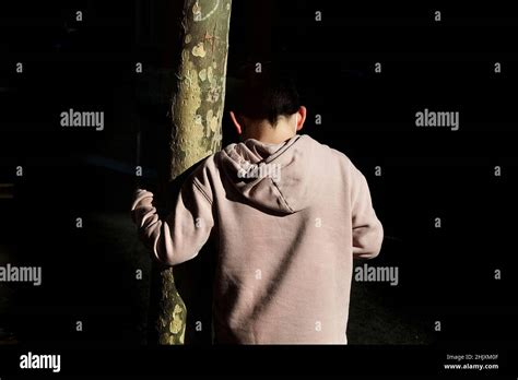Boy Leaning Against Tree Barcelona Spain Stock Photo Alamy