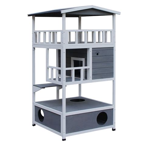 Buy PawHut Wooden Outdoor Cat House 3-Tier for Winter Kitten Shelter