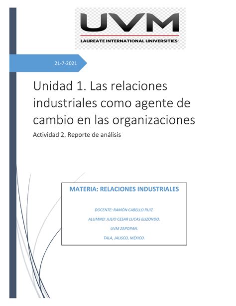 A2 JCLE Act 2 Relaciones Industriales 21 7 Unidad 1 Las