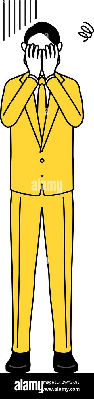 Simple line drawing illustration of a businessman in a suit covering ...