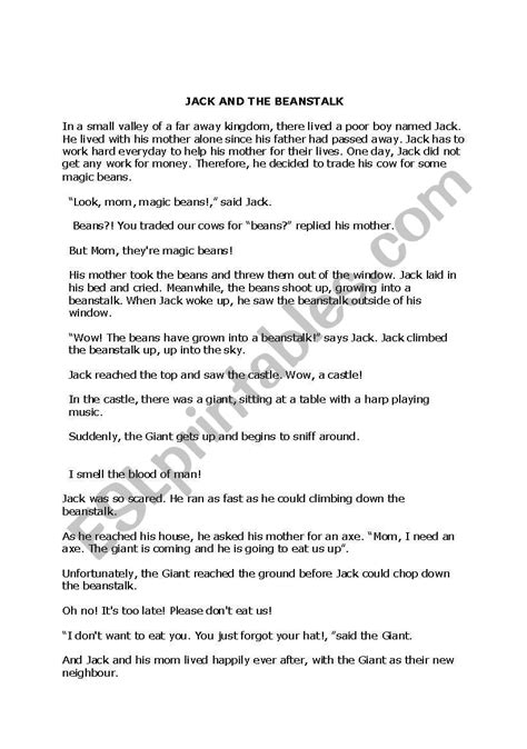 Jack And The Beanstalk Drama Script Esl Worksheet By Shinnysun86