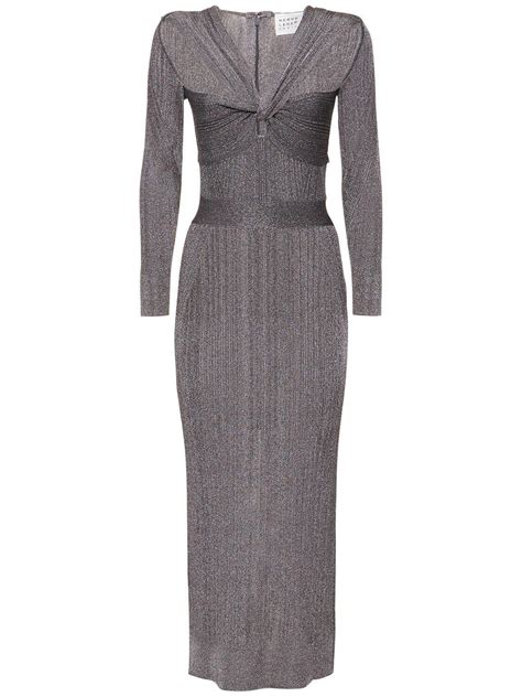 Hervé Léger Metallic Ribbed Jersey Cutout Midi Dress in Gray Lyst