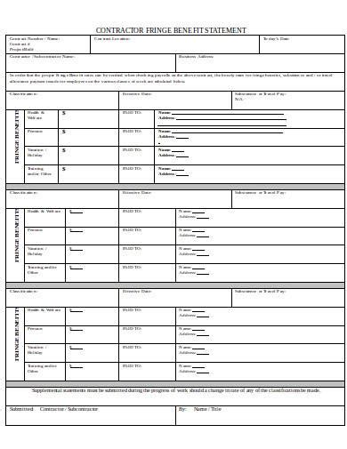Free 5 Contractor Fringe Benefit Statement Samples In Pdf Ms Word